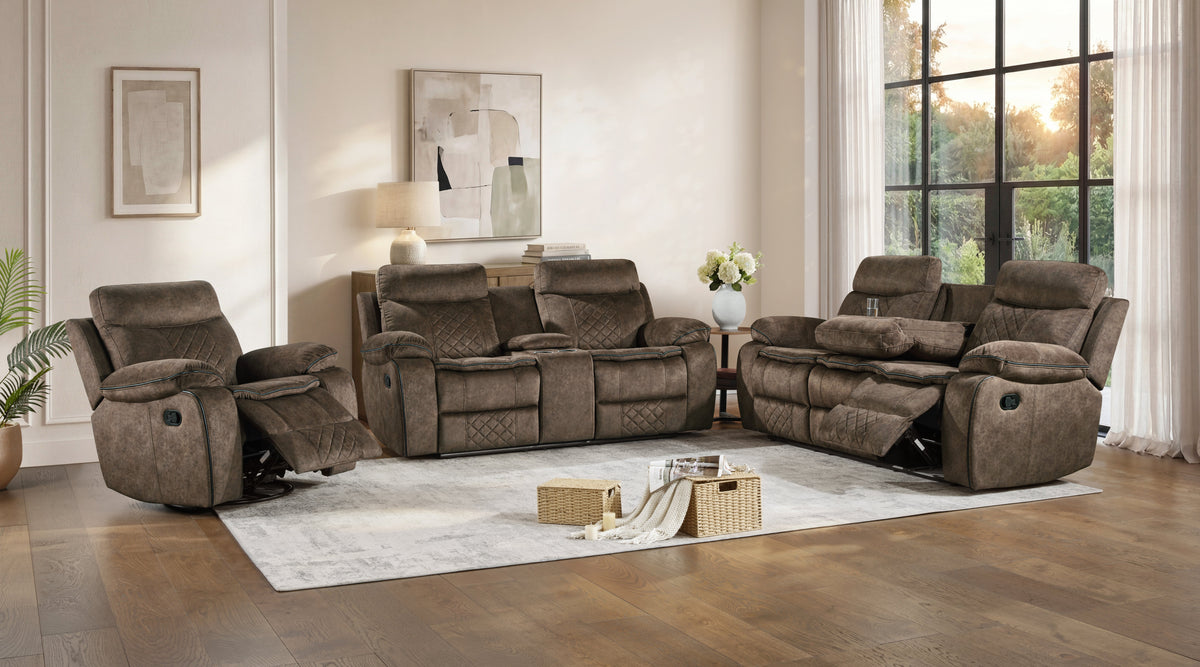 Liz Reclining Sofa & Loveseat Set in Brown