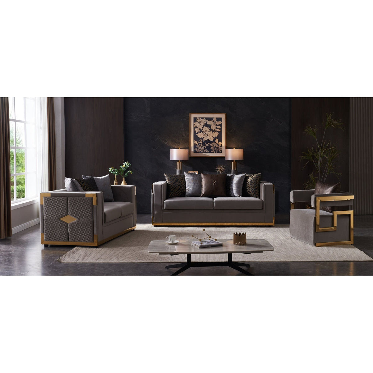 Juliet Taupe Sofa & Loveseat Set — Accent Pillows Included