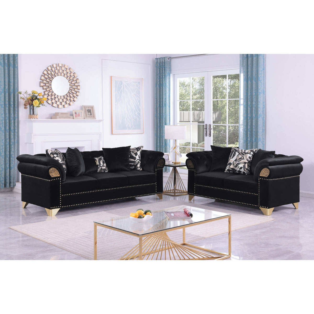 Emma Black Velvet Sofa & Loveseat Set