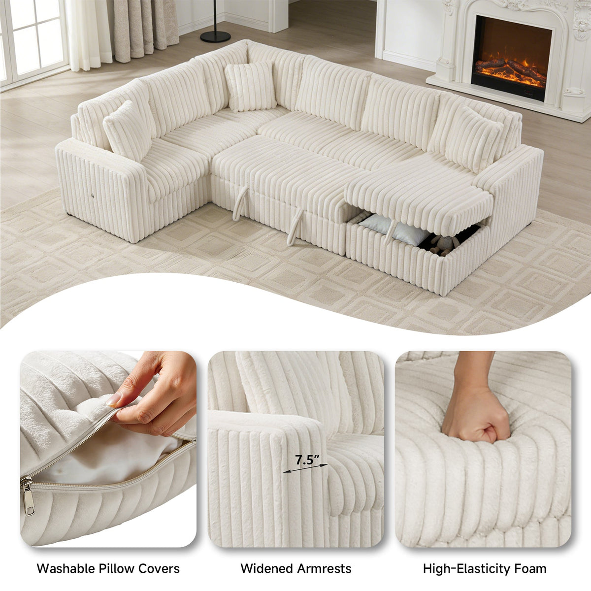 Raha II White Sectional — Pullout Bed & Storage