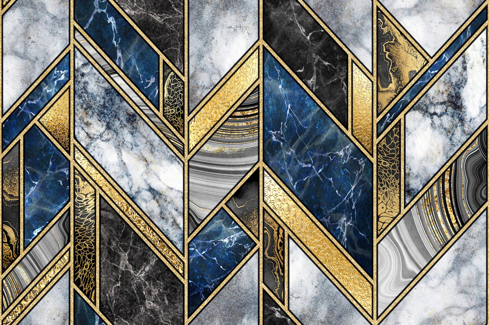 Temp Glass W/ Foil - Blue & Gold Marble Patterns Tempered Glass