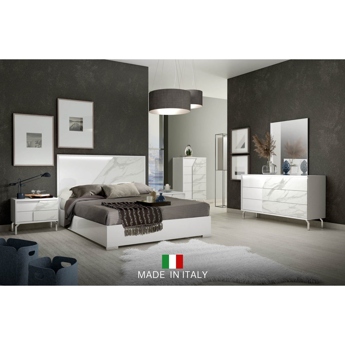 Sofia White Bedroom Set — LED Headboard and Dresser