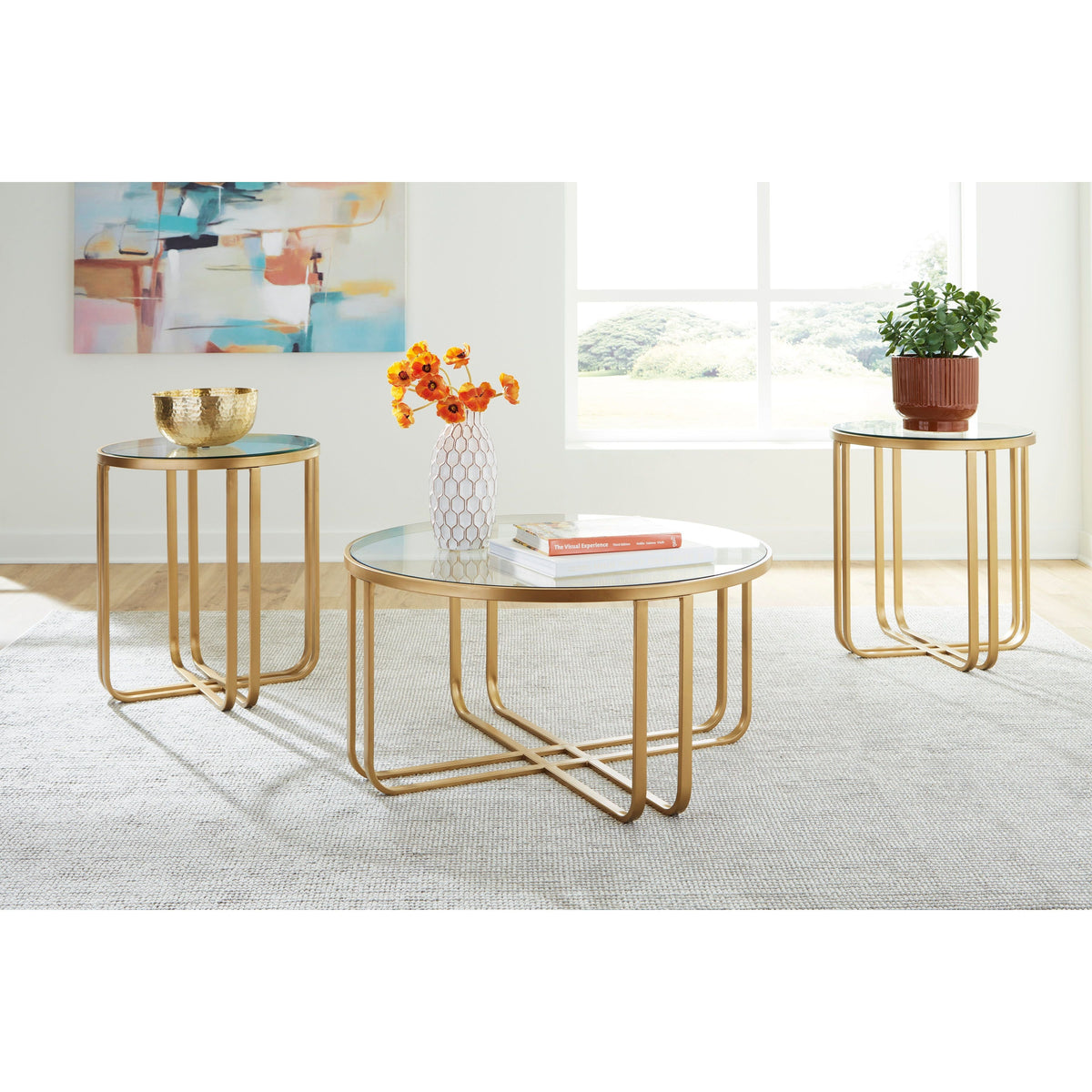 Milloton Gold Coffee Table Set — Clear Glass Tops