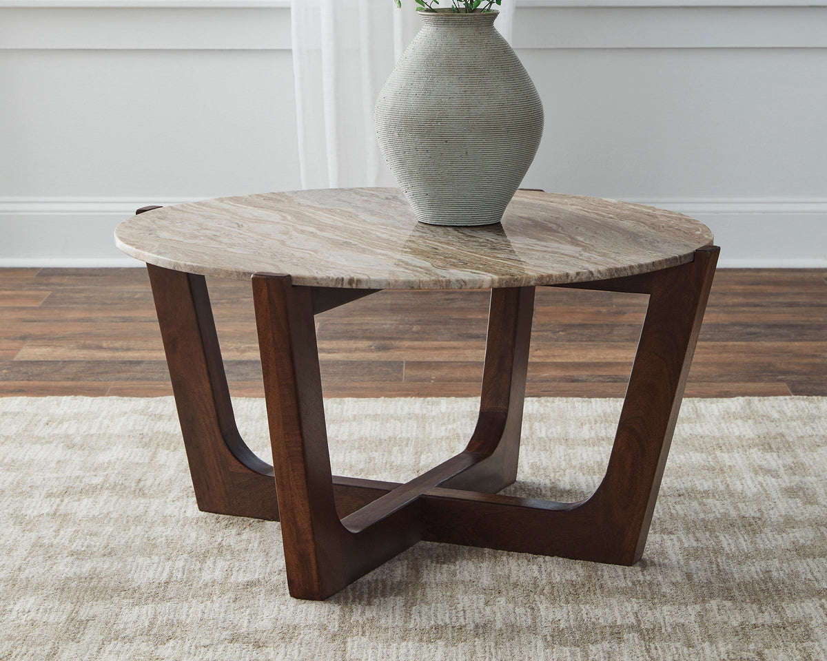 Tanidore Warm Brown Mango Wood Coffee Table Set — Marble Top