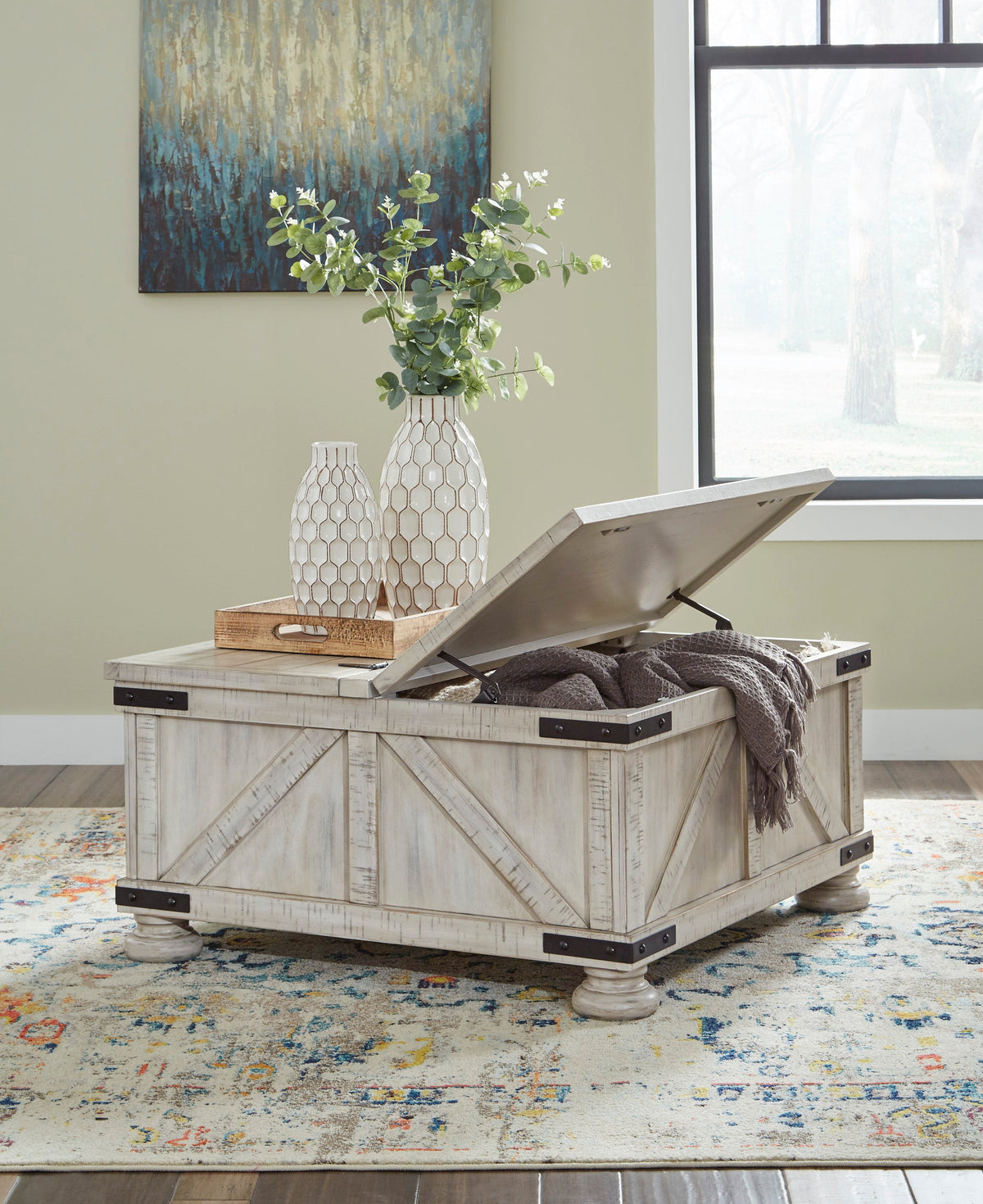 Carynhurst Whitewash Farmhouse Coffee Table Set — Hidden Storage