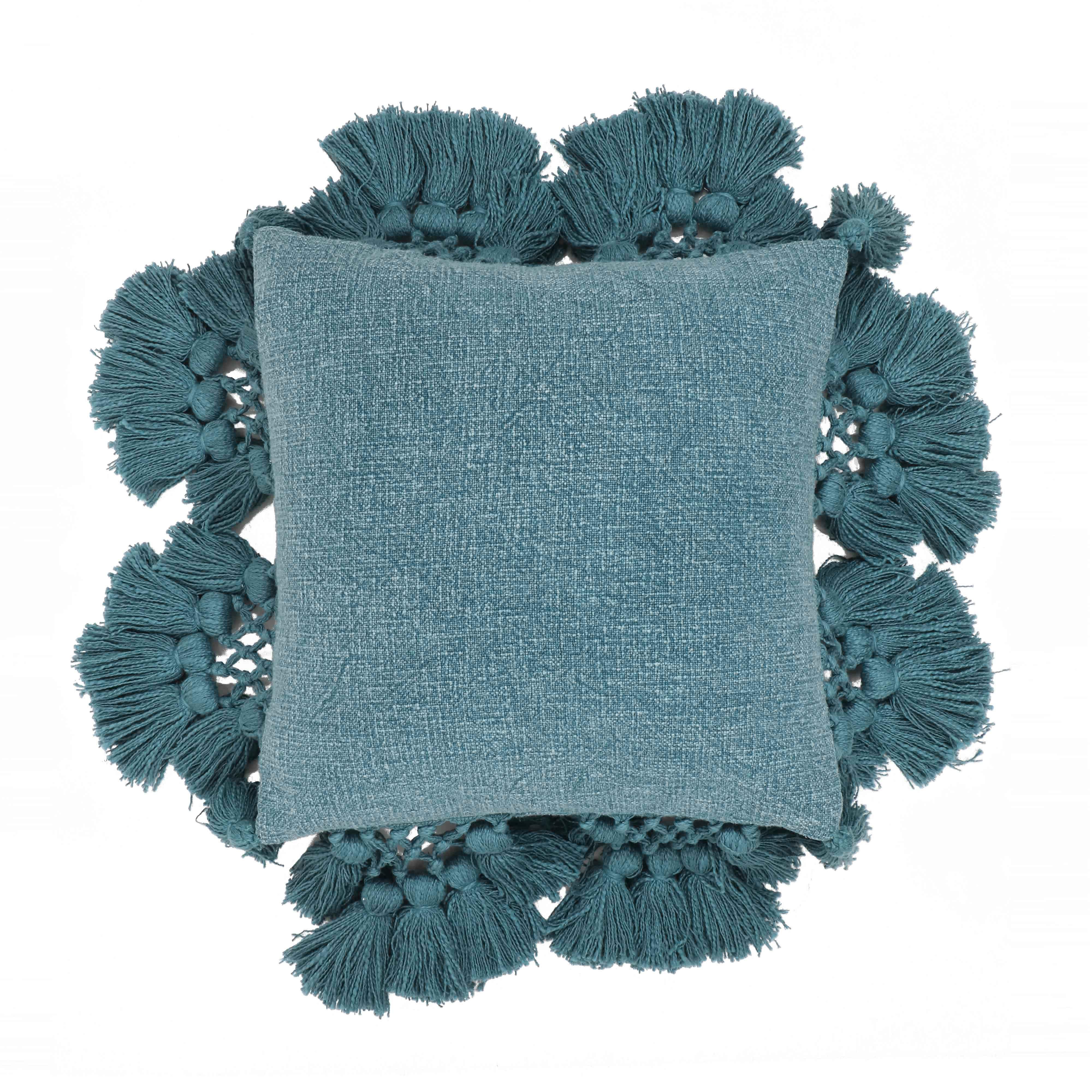 Stone Washed Denim Blue Cotton Tasseled Pillow