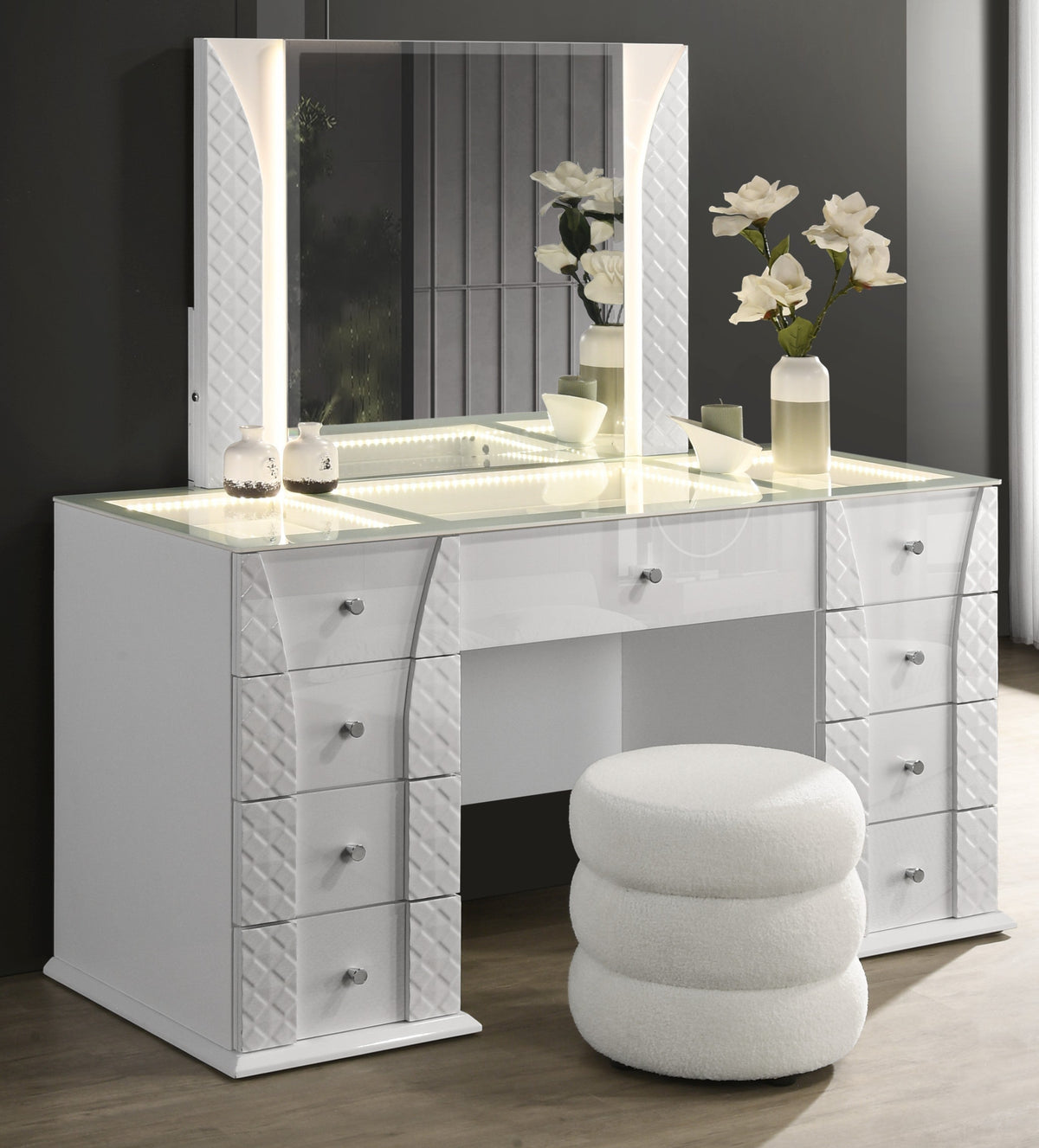 Ivette Hi-Gloss White Vanity — LED Mirror & Glass-Top Display