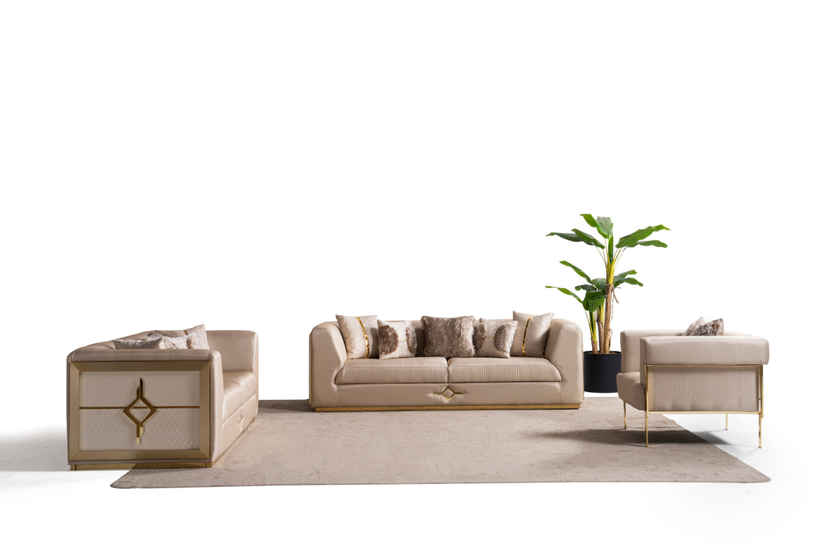 Vega 3-Piece Living Room Set — Brushed Gold Accents