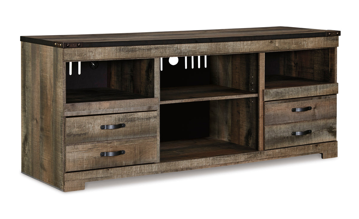 Trinell Brown Plank-Style TV Stand — Nailhead Trim