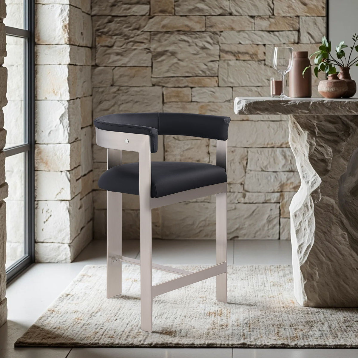 Romeo - Faux Leather Counter Stool (Set of 2) with Silver Base