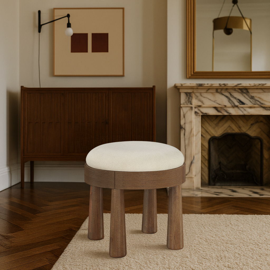 Larea Linen Ottoman with Walnut Base