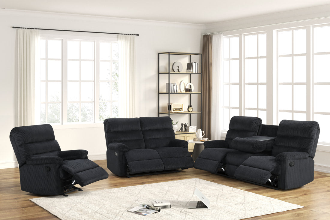 Albert Black 3PC Reclining Set — Drop-Down Table & Cup Holders