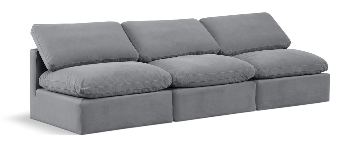 Indulge Velvet Modular Sectional — 3-Piece Armless Sofa — Grey