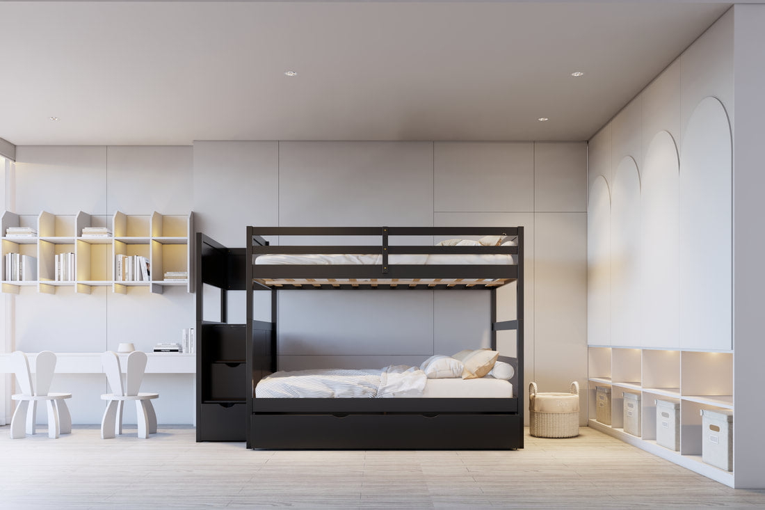 BB52 Full/Full Bunk Bed — Twin Trundle & Staircase Storage