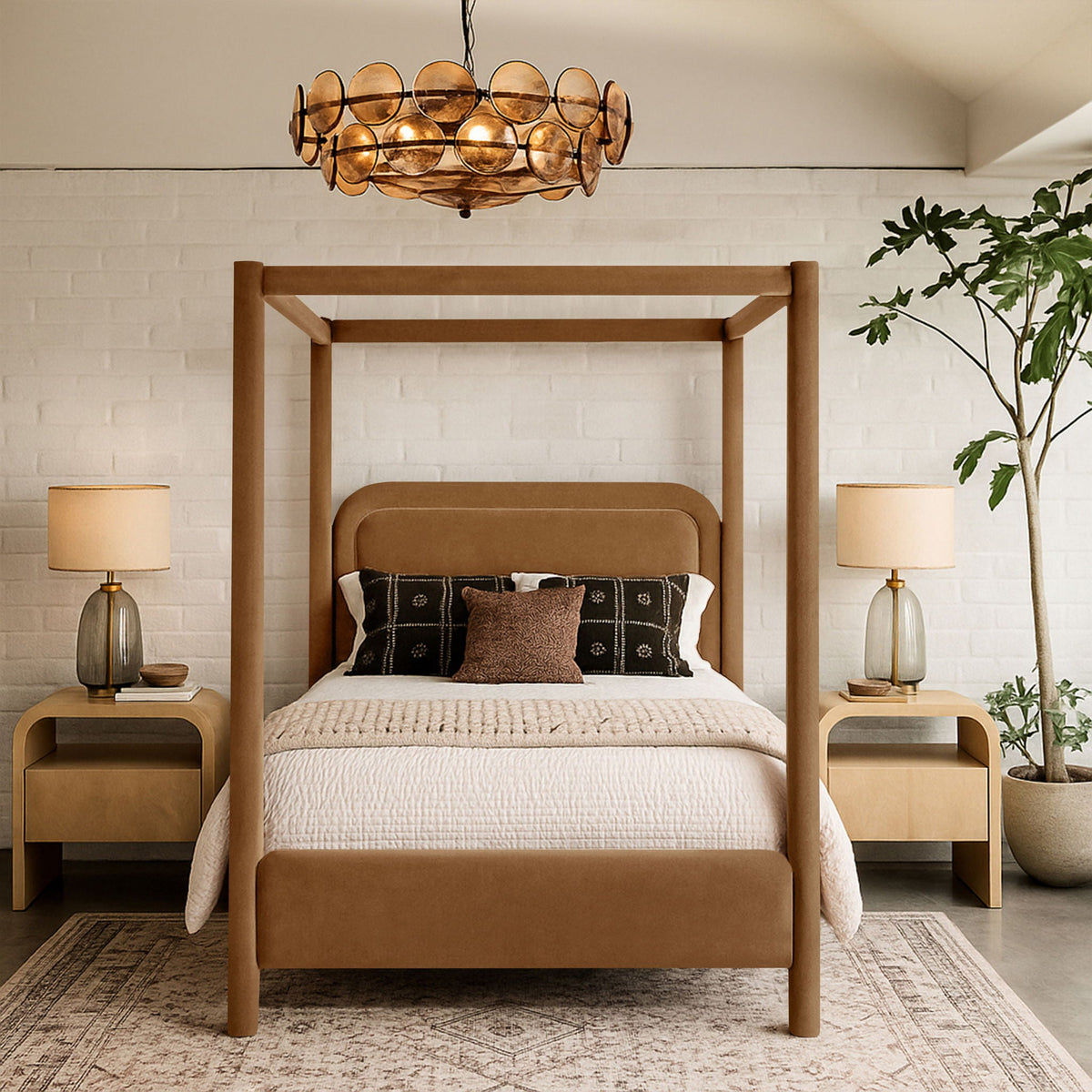 Salina Taupe Velvet Upholstered Canopy Bed — Twin to King - Saddle