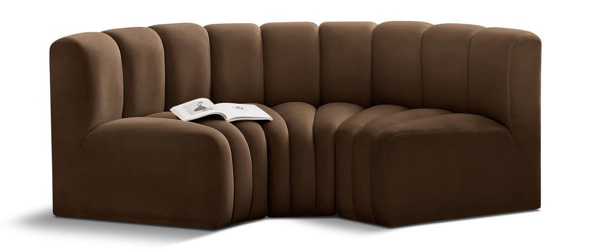 Arc Velvet Modular Sectional — 3-Piece U-Shaped Sectional — Brown