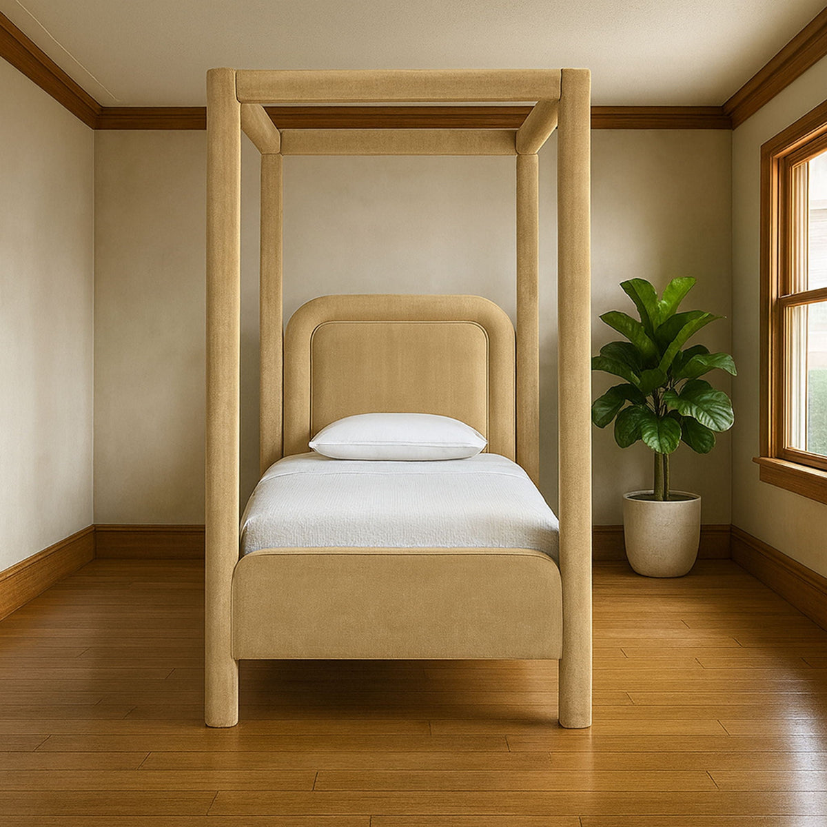 Salina Velvet Upholstered Canopy Bed — 10 Colors, Twin to King
