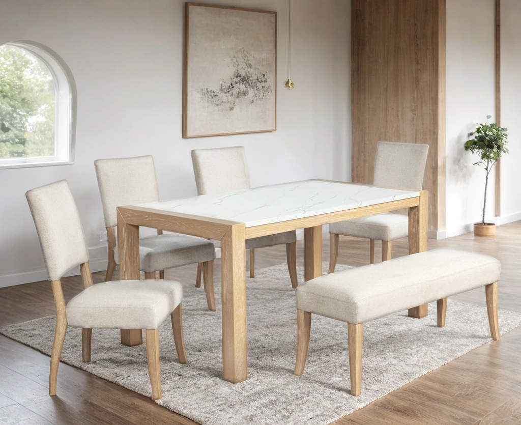 D1120 Faux Marble Dining Set — Table, 4 Chairs & Bench