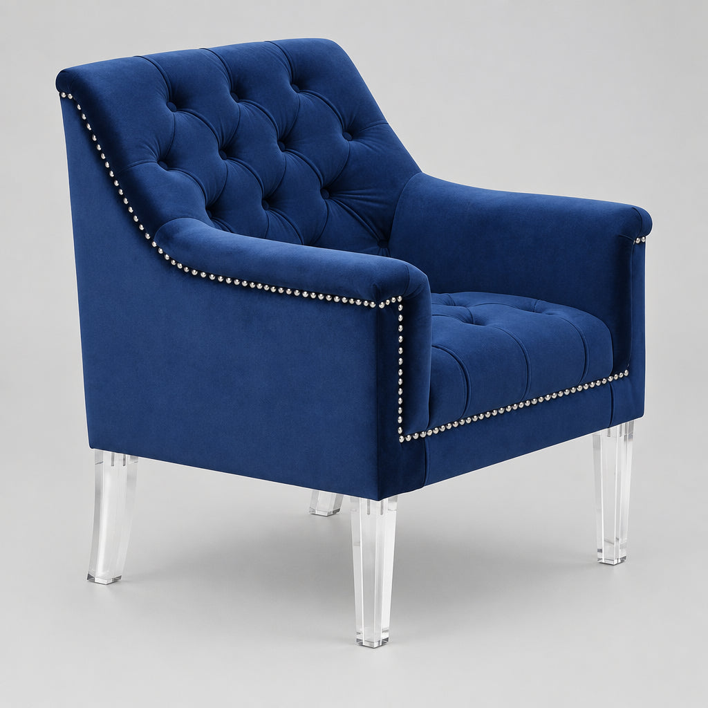 U223 Blue Chair With One Fur Pillows & Acrylic Legs — 33-Inch Wide