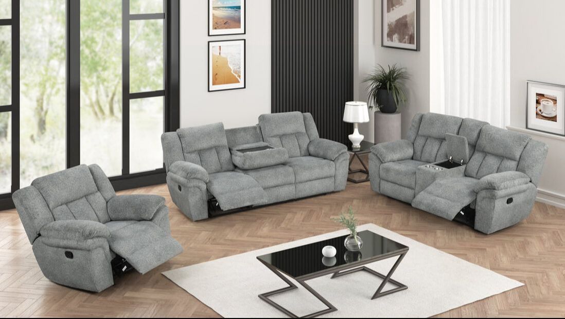 Dallas Gray 3PC Reclining Set — Drop-Down Table & Cup Holders