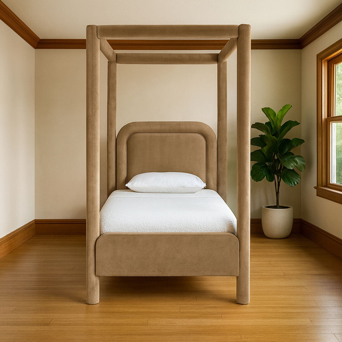 Salina Velvet Upholstered Canopy Bed — 10 Colors, Twin to King