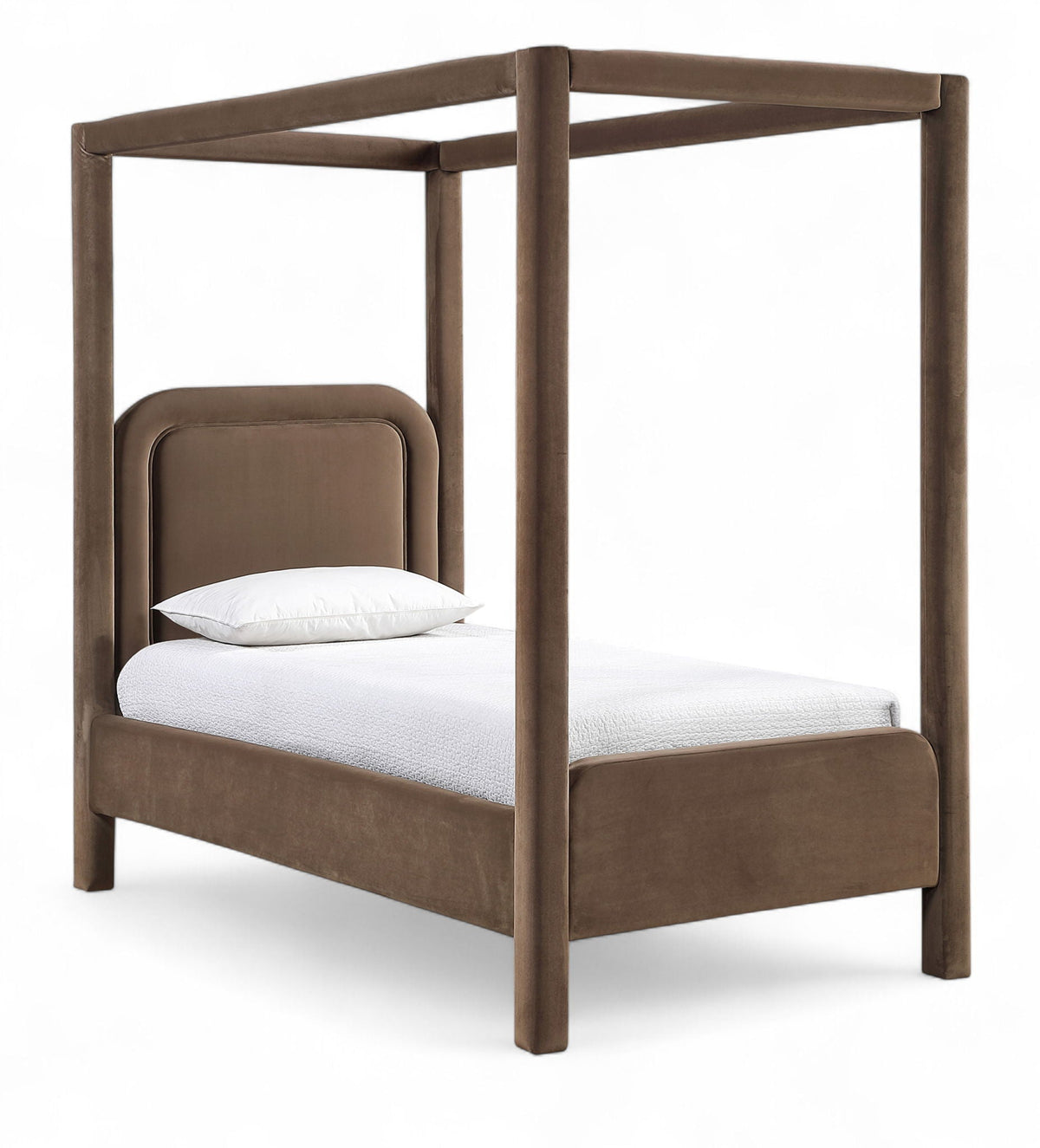 Salina Velvet Upholstered Canopy Bed — 10 Colors, Twin to King - Brown
