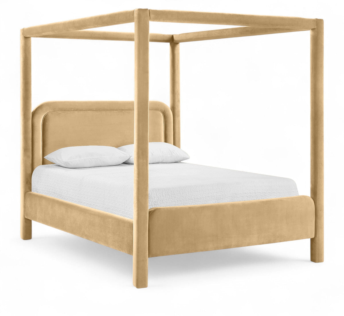 Salina Velvet Upholstered Canopy Bed — 10 Colors, Twin to King - Camel