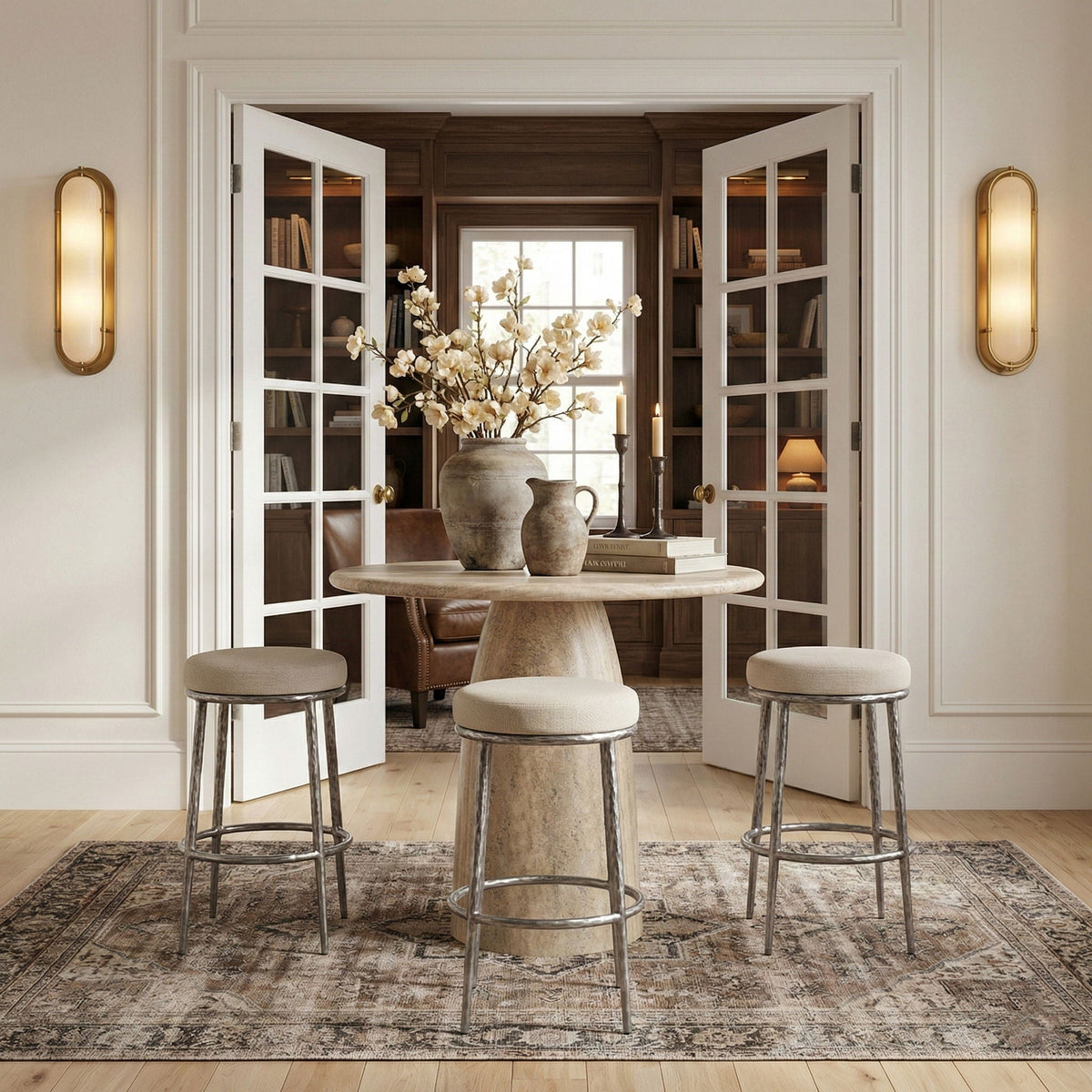 Ferro Performance Fabric Backless Bar Stool with Antique Silver Frame