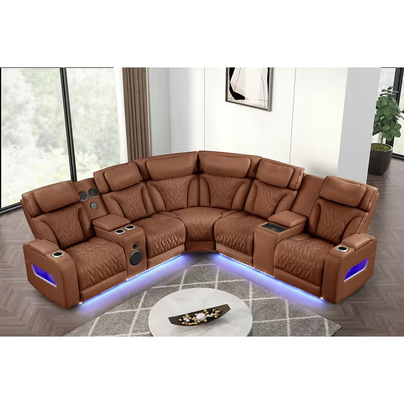 Skyline Brown Caramel Reclining Sectional — Bluetooth Speakers & LED