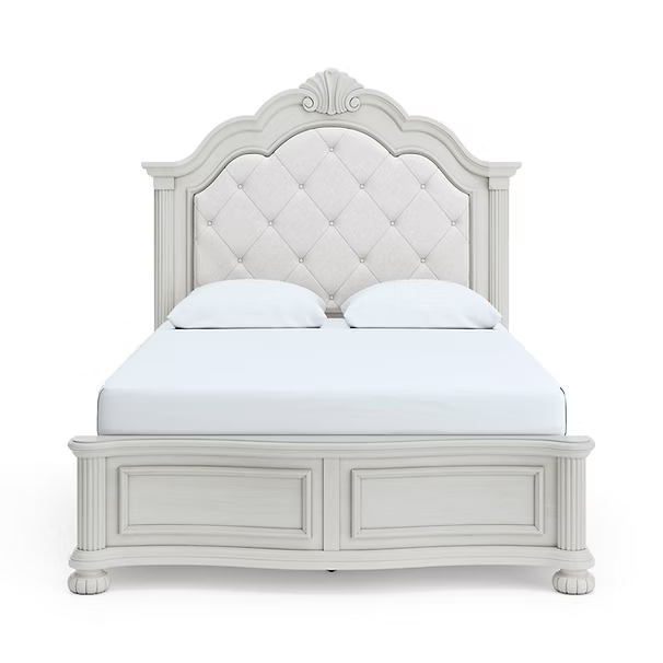 Montelaine Antiqued White Bedroom Set — Upholstered Panel Bed