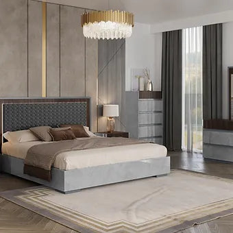 Cindy Grey High Gloss Bedroom Set — Italian Made LED Headboard