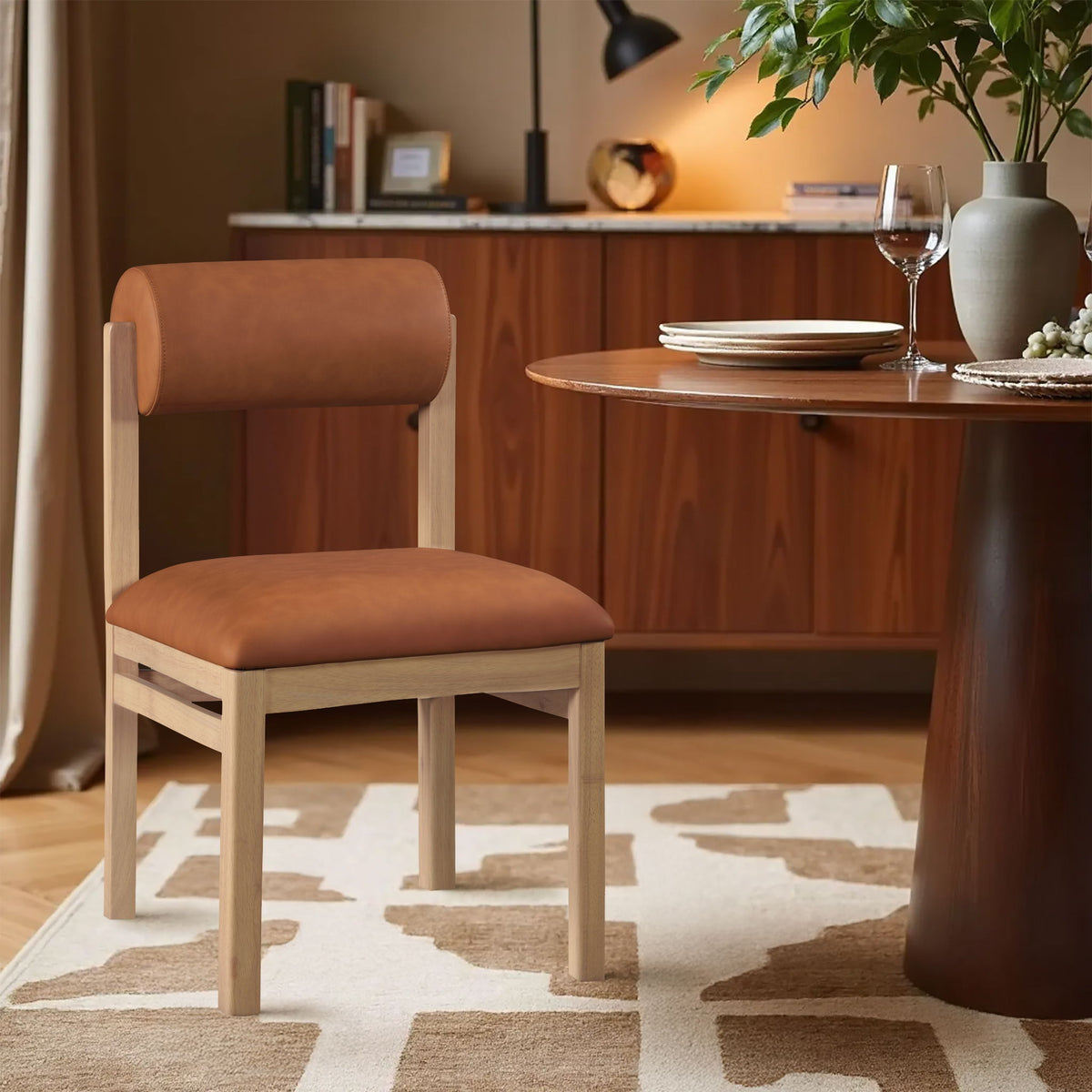 Roundhill - Faux Leather Dining Chair (Set of 2) with Natural Frame