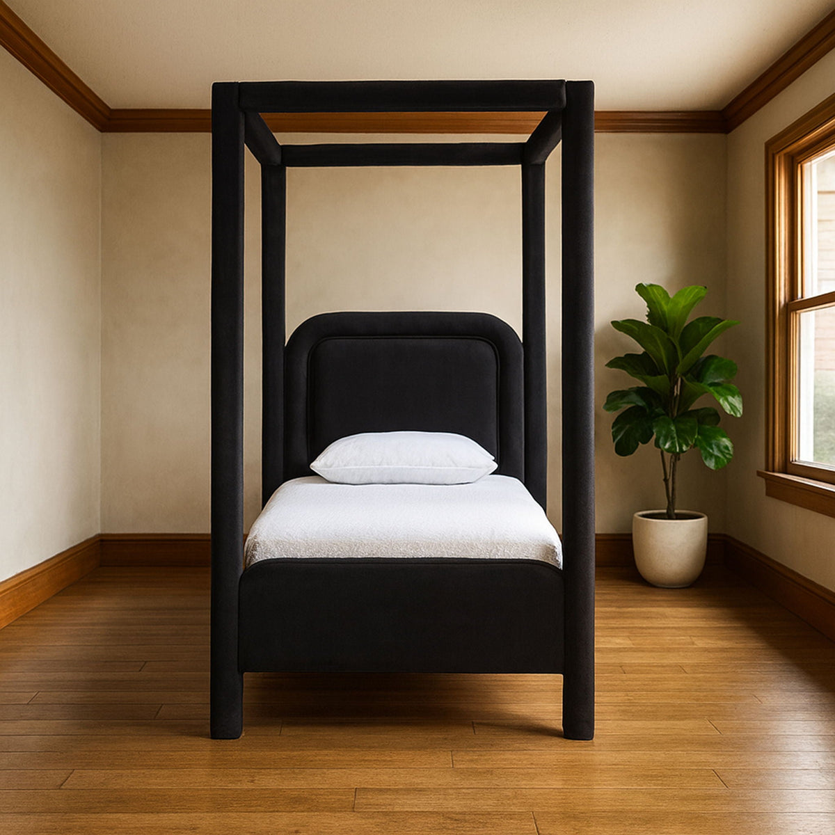 Salina Velvet Upholstered Canopy Bed — 10 Colors, Twin to King