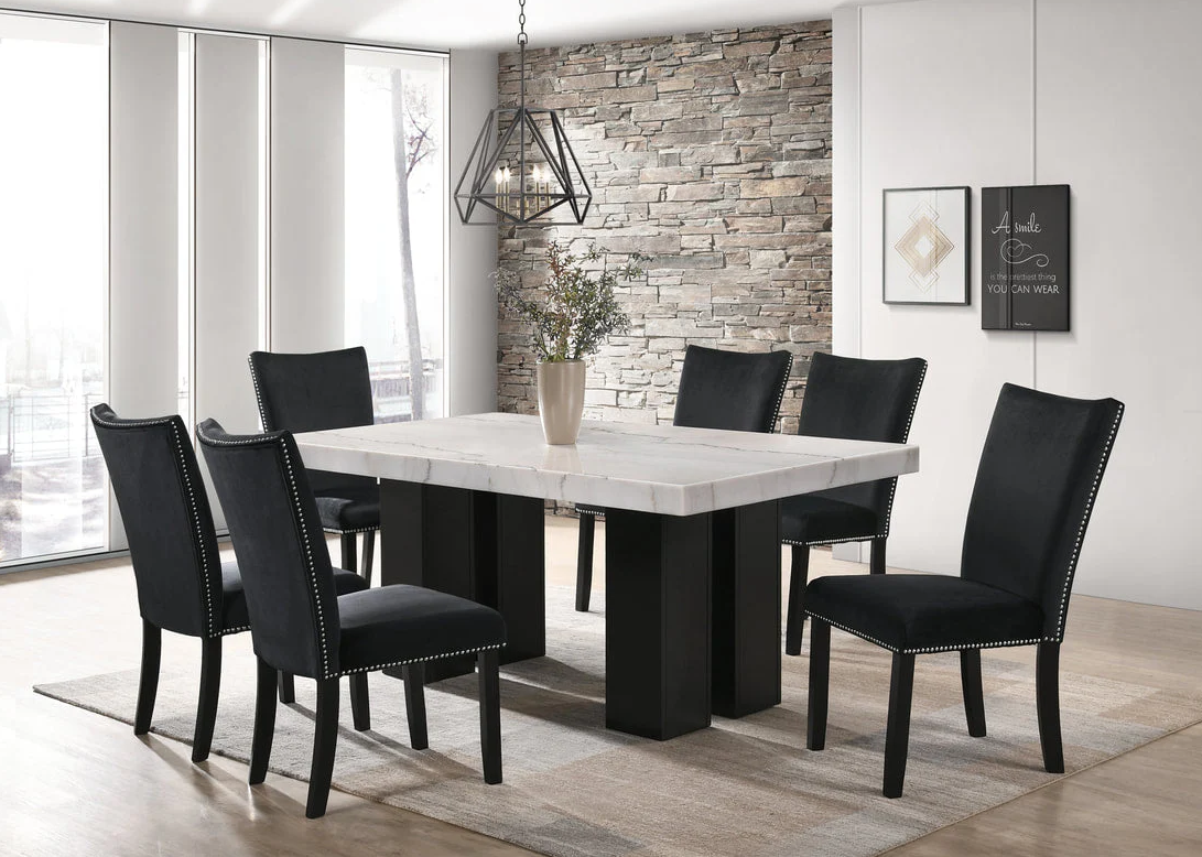 Finland Black Table & 6 Chairs — Genuine Marble Top