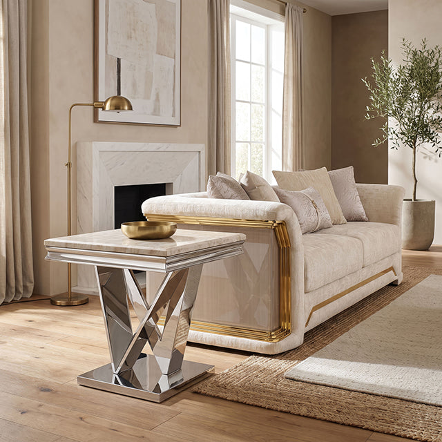 Villarsglane Glam Stone-Top Table Collection - End Table / Silver/Beige