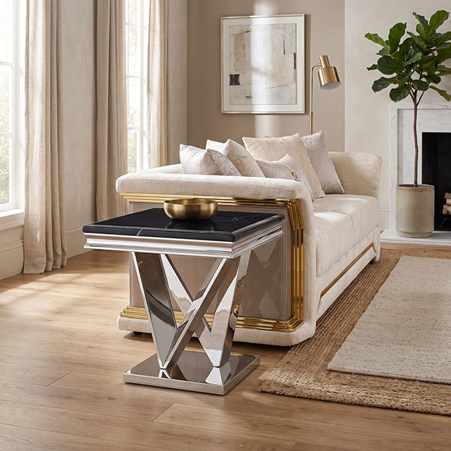 Villarsglane Glam Stone-Top Table Collection - End Table / Silver/Black
