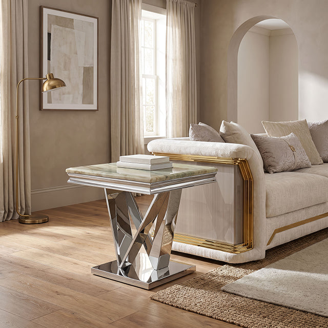 Villarsglane Glam Stone-Top Table Collection - End Table / Silver/Green