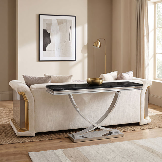 Wettingen Glam Stone-Top Table Collection - Sofa Table / Silver/Black