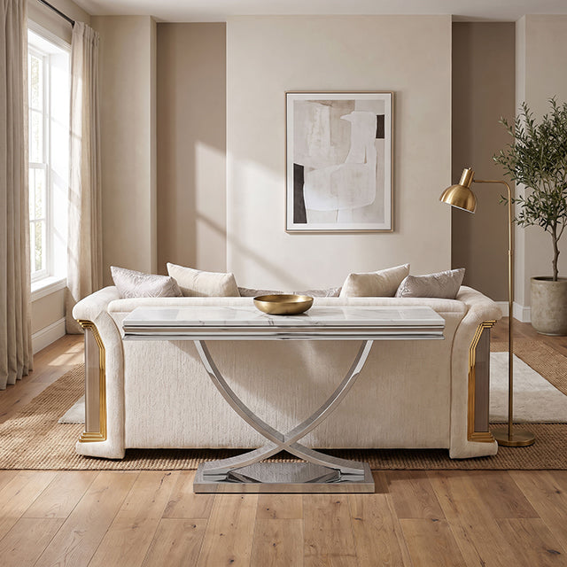 Wettingen Glam Stone-Top Table Collection - Sofa Table / Silver/White