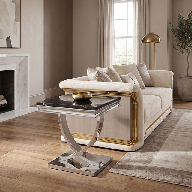 Wettingen Glam Stone-Top Table Collection - End Table / Silver/Black