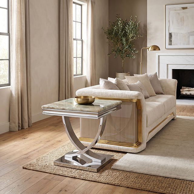 Wettingen Glam Stone-Top Table Collection - End Table / Silver/Green
