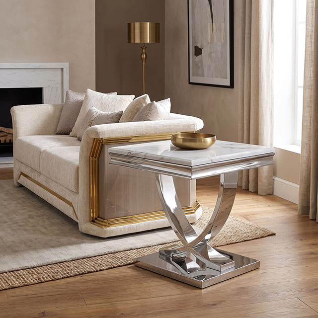 Wettingen Glam Stone-Top Table Collection - End Table / Silver/White