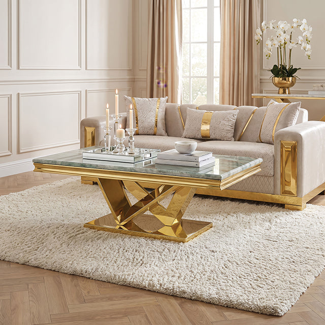 Villarsglane Glam Stone-Top Table Collection - Coffee Table / Gold/Green