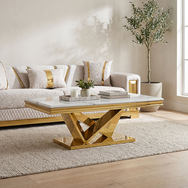 Villarsglane Glam Stone-Top Table Collection - Coffee Table / Gold/White
