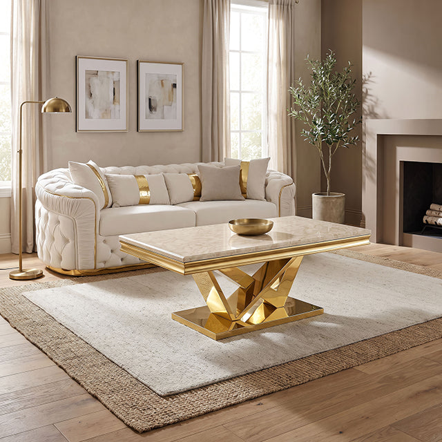 Villarsglane Glam Stone-Top Table Collection - Coffee Table / Gold/Beige