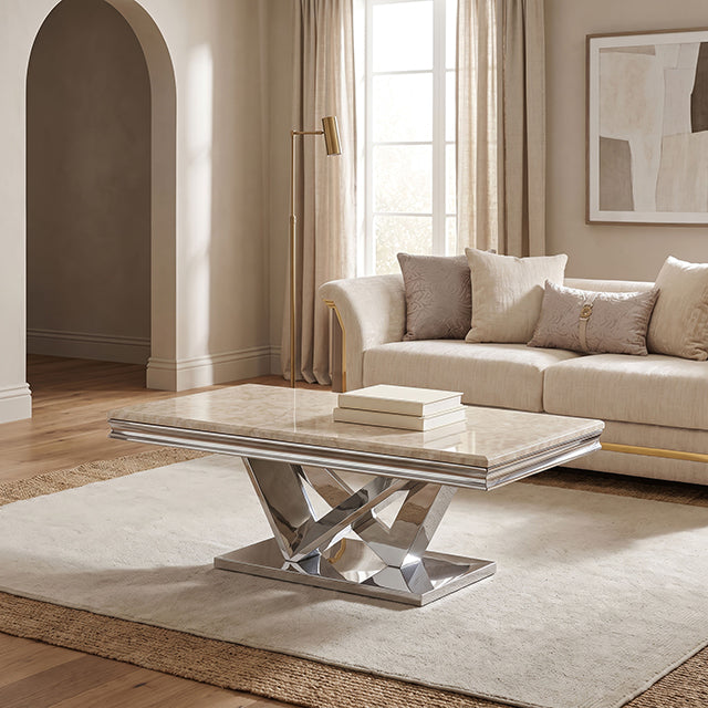 Villarsglane Glam Stone-Top Table Collection - Coffee Table / Silver/Beige