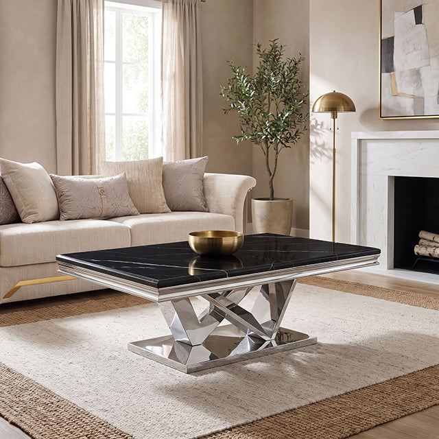 Villarsglane Glam Stone-Top Table Collection - Coffee Table / Silver/Black