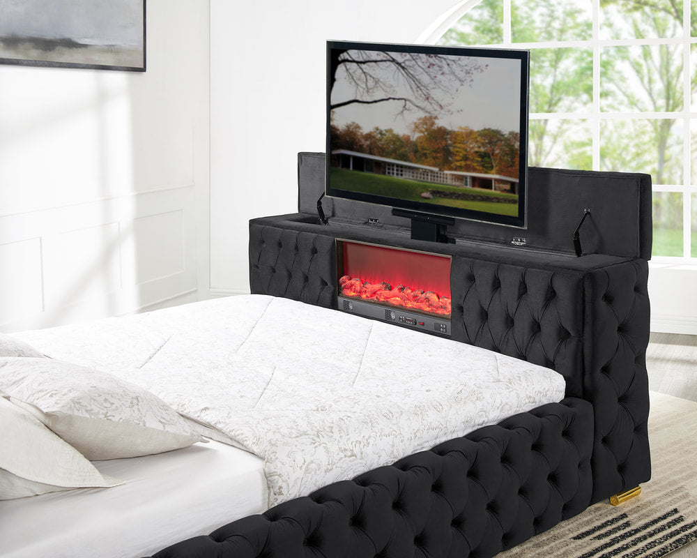 Future Platform Bed — LED Fireplace & Bluetooth Speakers