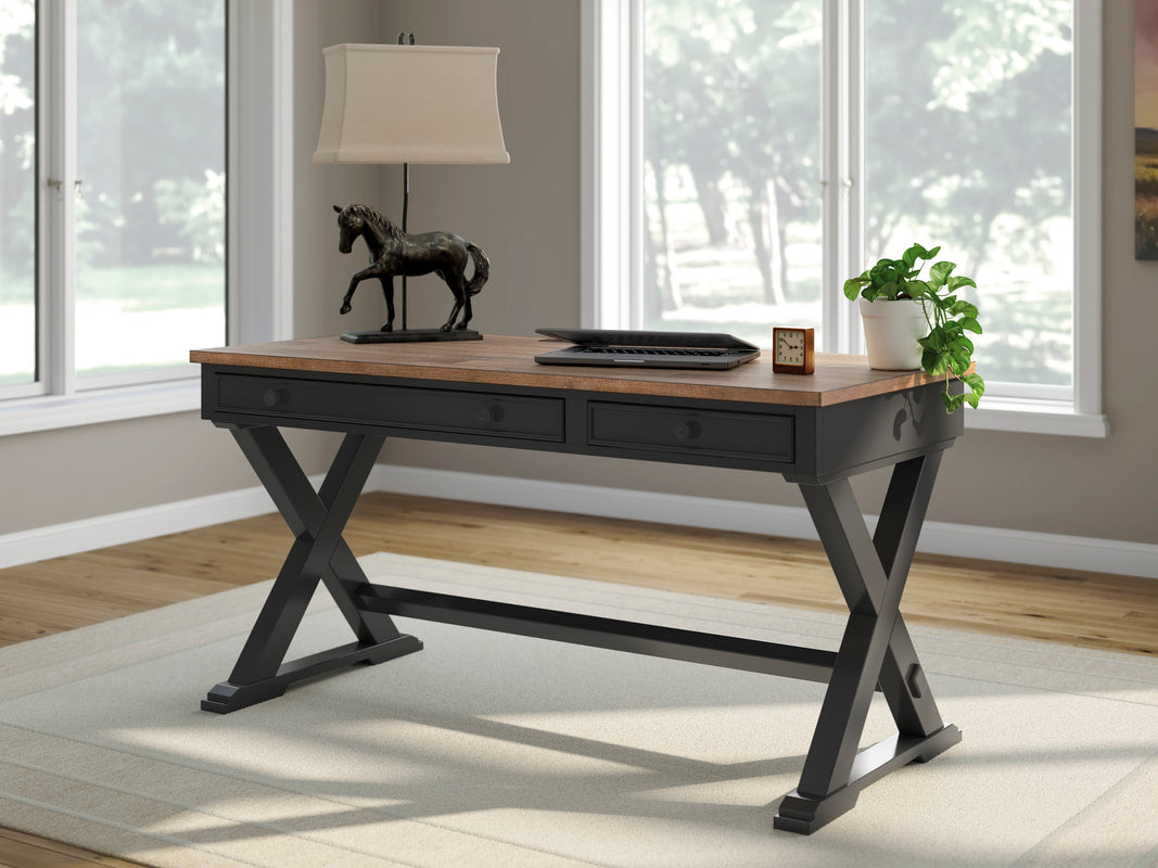 H664-34 Brown & Black Office Desk — Drop-Down Keyboard Tray