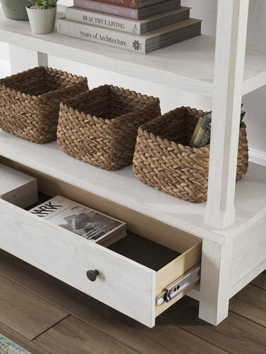 H742-70 Antiqued White Bookcase — 4 Shelves & Storage Drawer